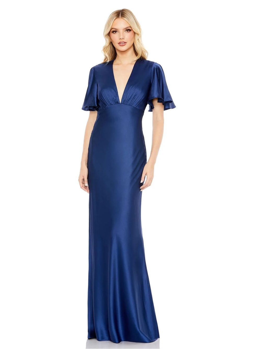 NWT Ieena for Mac Duggal Satin V-Neck Flutter Sleeve Gown in Sapphire Size 8
